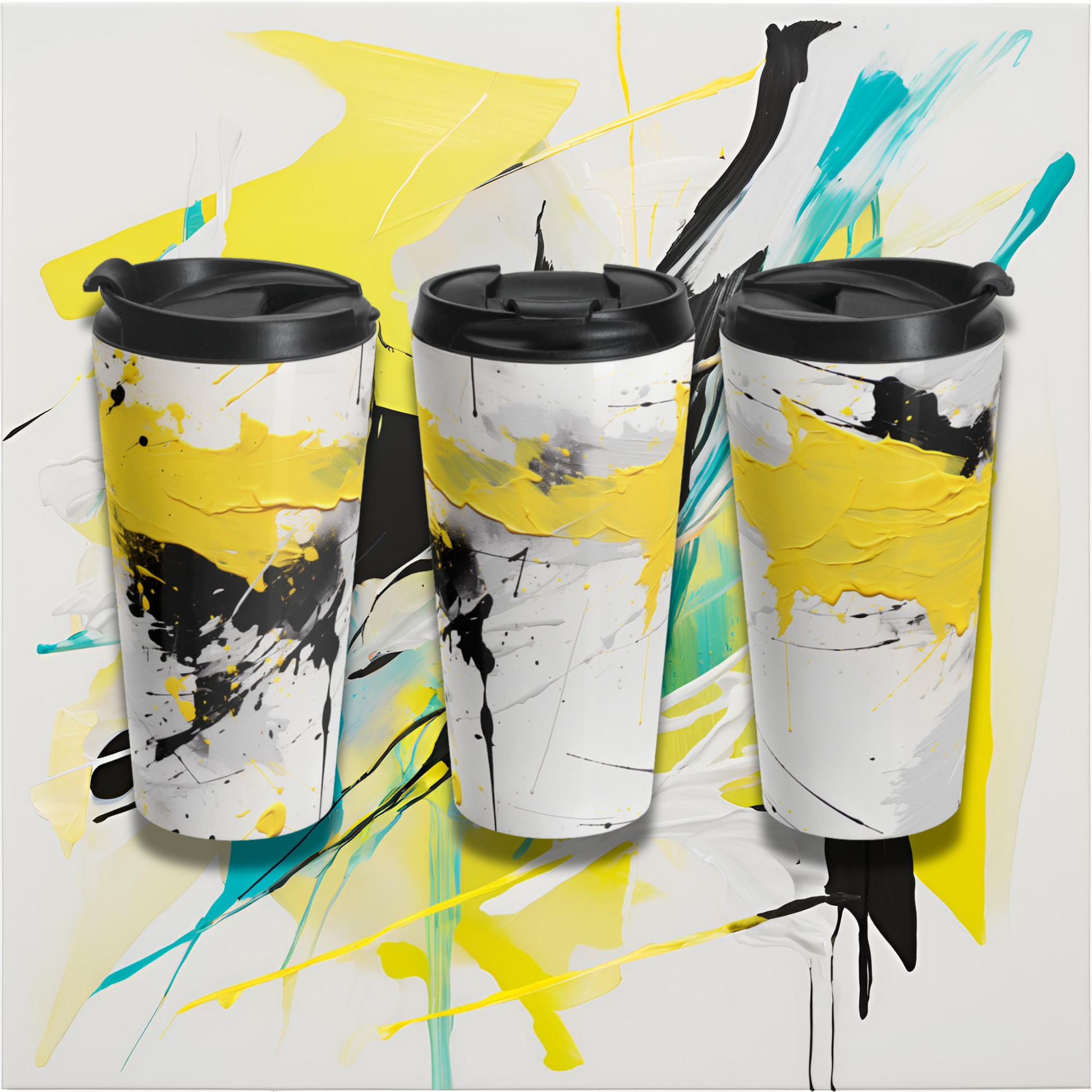 Bold 15oz Coffee Mug with Abstract Design Yellow, Black & White Art