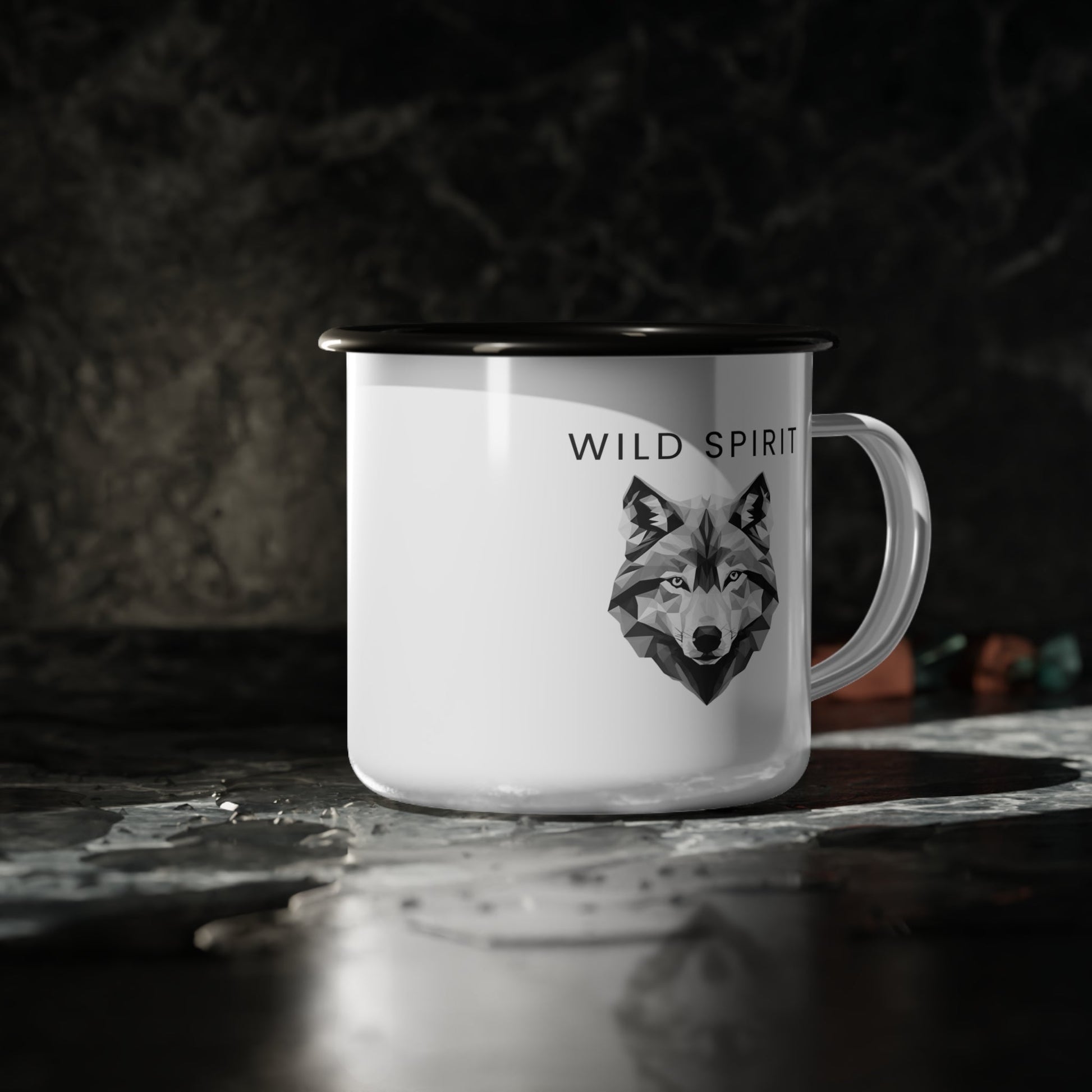 Enamel Camping Mug 12oz Wild Spirit - Bold and Durable for Wolf Lovers Wolf Logo White Base Wolf illustration polygonal style