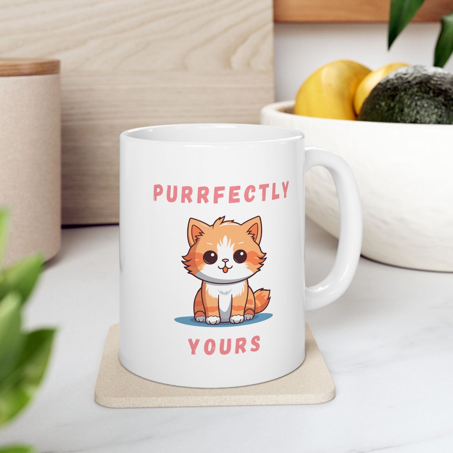 white base 11oz coffee mug cat-themed cute cat cartoon design purrfectly yours text