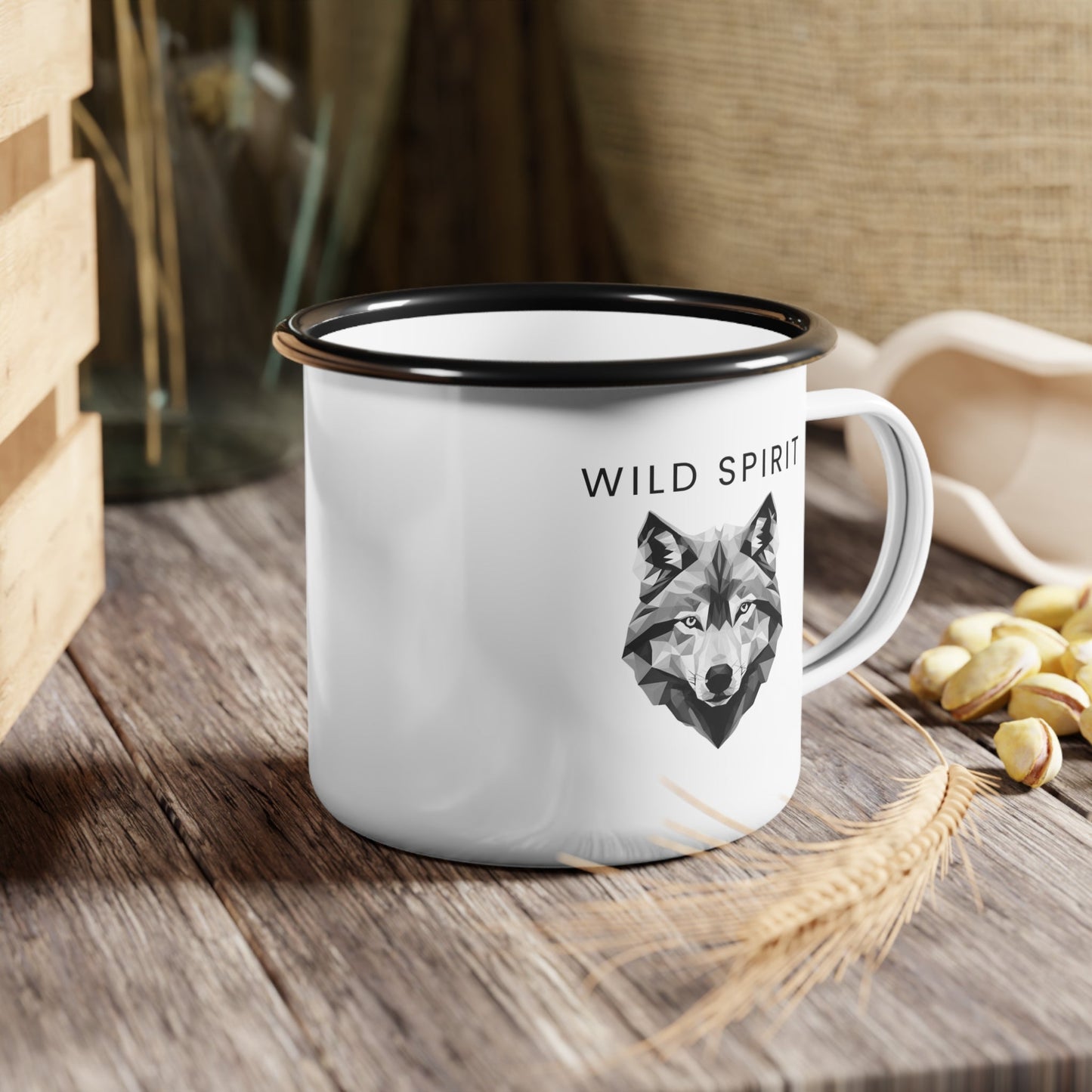 Enamel Camping Mug 12oz Wild Spirit - Bold and Durable for Wolf Lovers Wolf Logo White Base Wolf illustration polygonal style