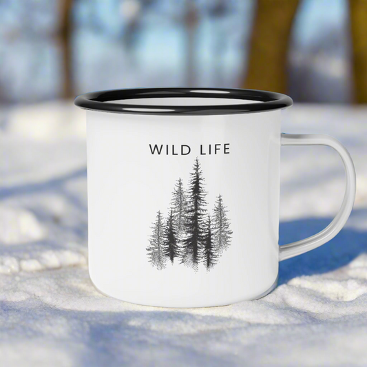 “Wild Life” 12oz Enamel Camping Mug – Durable Camping Gear for Outdoor Enthusiasts