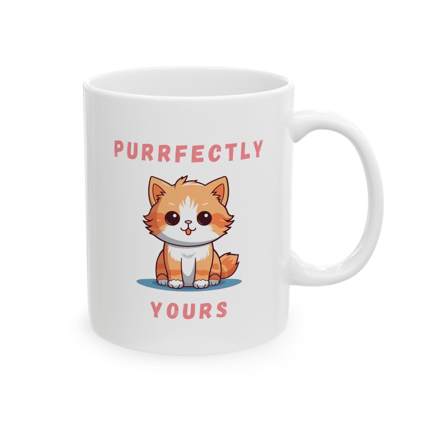 white base 11oz coffee mug cat-themed cute cat cartoon design purrfectly yours text