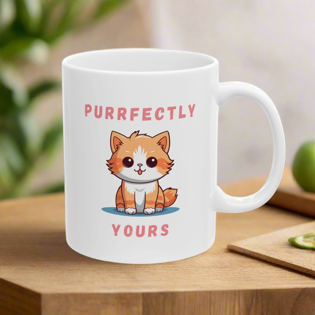 white base 11oz coffee mug cat-themed cute cat cartoon design purrfectly yours text