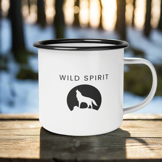 Enamel Camping Mug 12oz Wild Spirt - Rugged Companion for Nature and Wolf Lovers