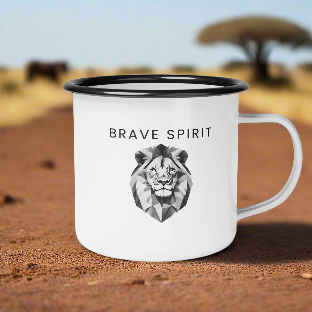 Enamel Camping Mug 12oz Brave Spirit Lion Illustration portrait face polygonal style