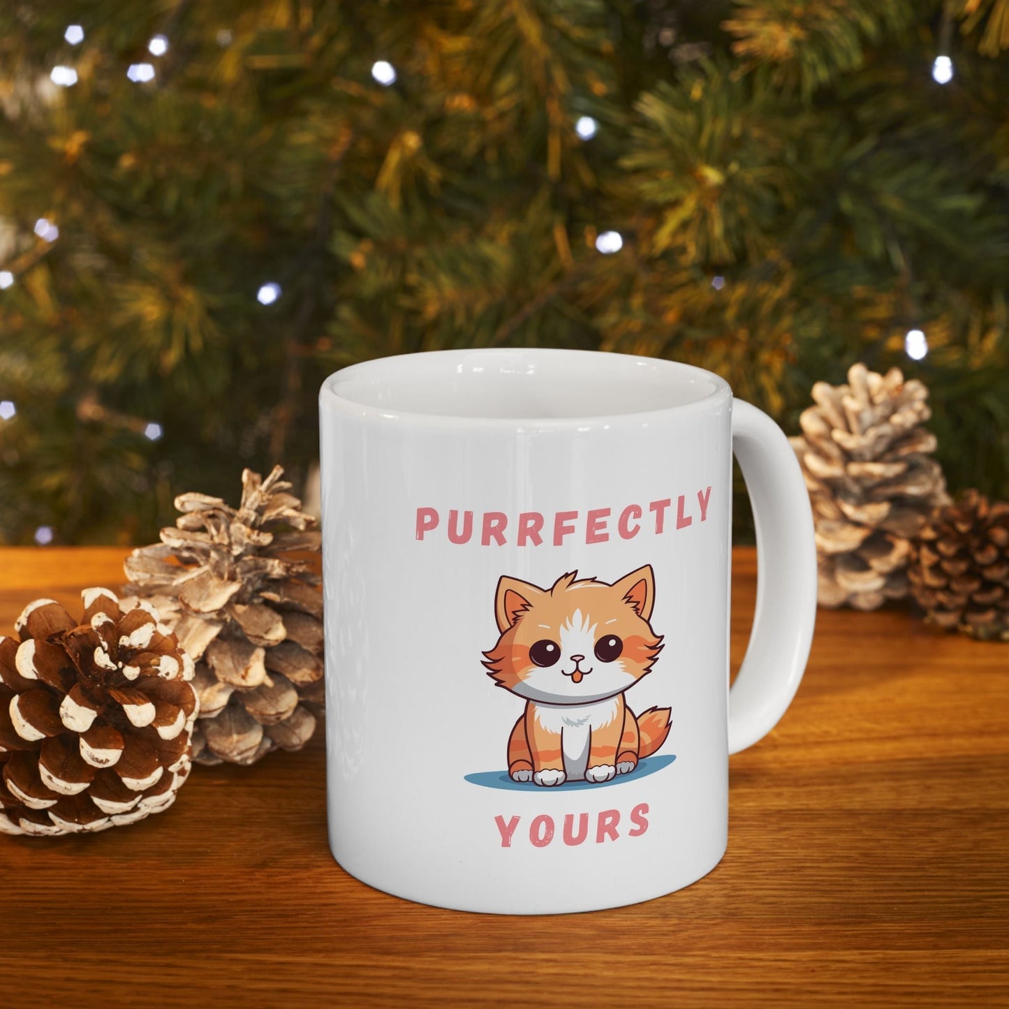 white base 11oz coffee mug cat-themed cute cat cartoon design purrfectly yours text