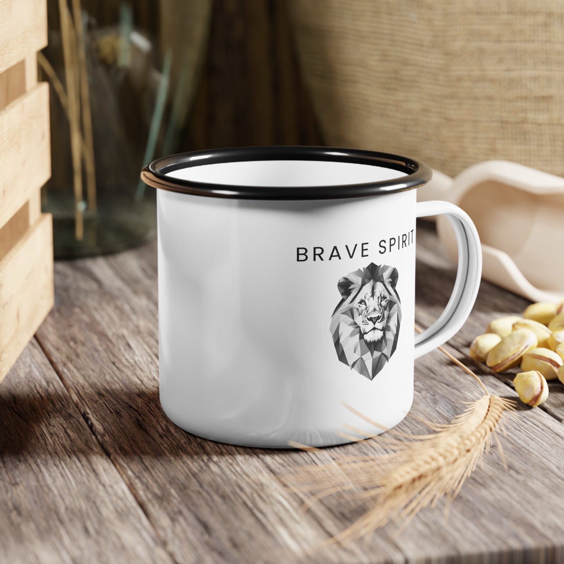 Enamel Camping Mug 12oz Brave Spirit Lion Illustration portrait face polygonal style