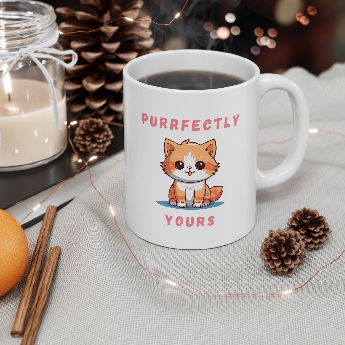 white base 11oz coffee mug cat-themed cute cat cartoon design purrfectly yours text