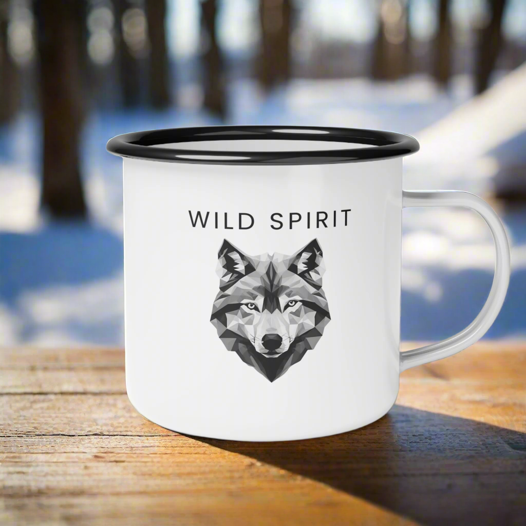 Enamel Camping Mug 12oz Wild Spirit - Bold and Durable for Wolf Lovers Wolf Logo White Base Wolf illustration polygonal style